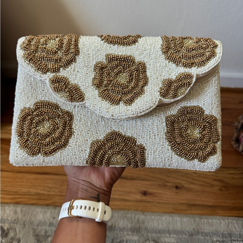 Beaded Floral Envelope Clutch in Cream and Gold